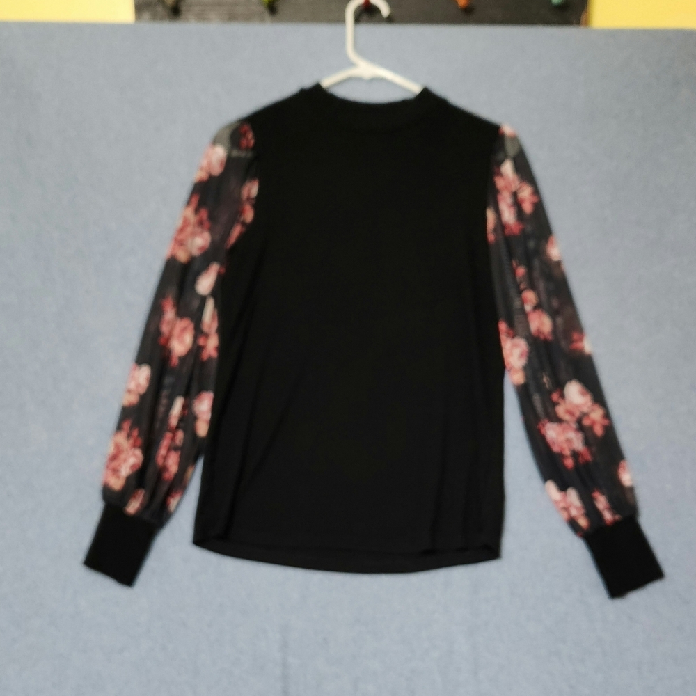 Maurices black pink floral sheer sleeves. Size small